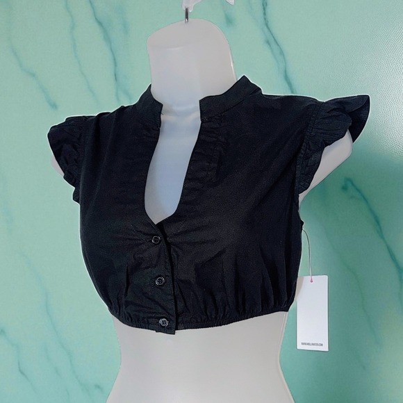 New XL Black Ruffle Sleeve Dirndl Undershirt Top Oktoberfest V Neck Blouse - Picture 5 of 6